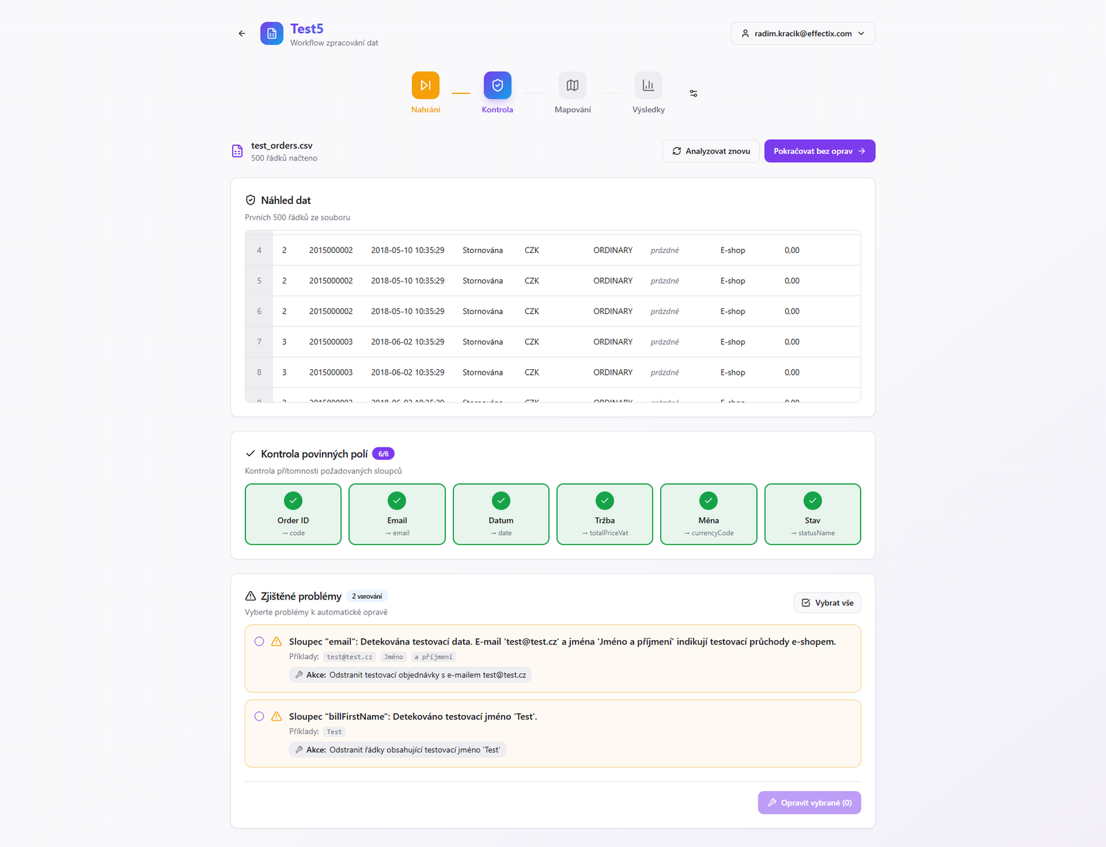 Profit Engine - Nahrání a kontrola dat