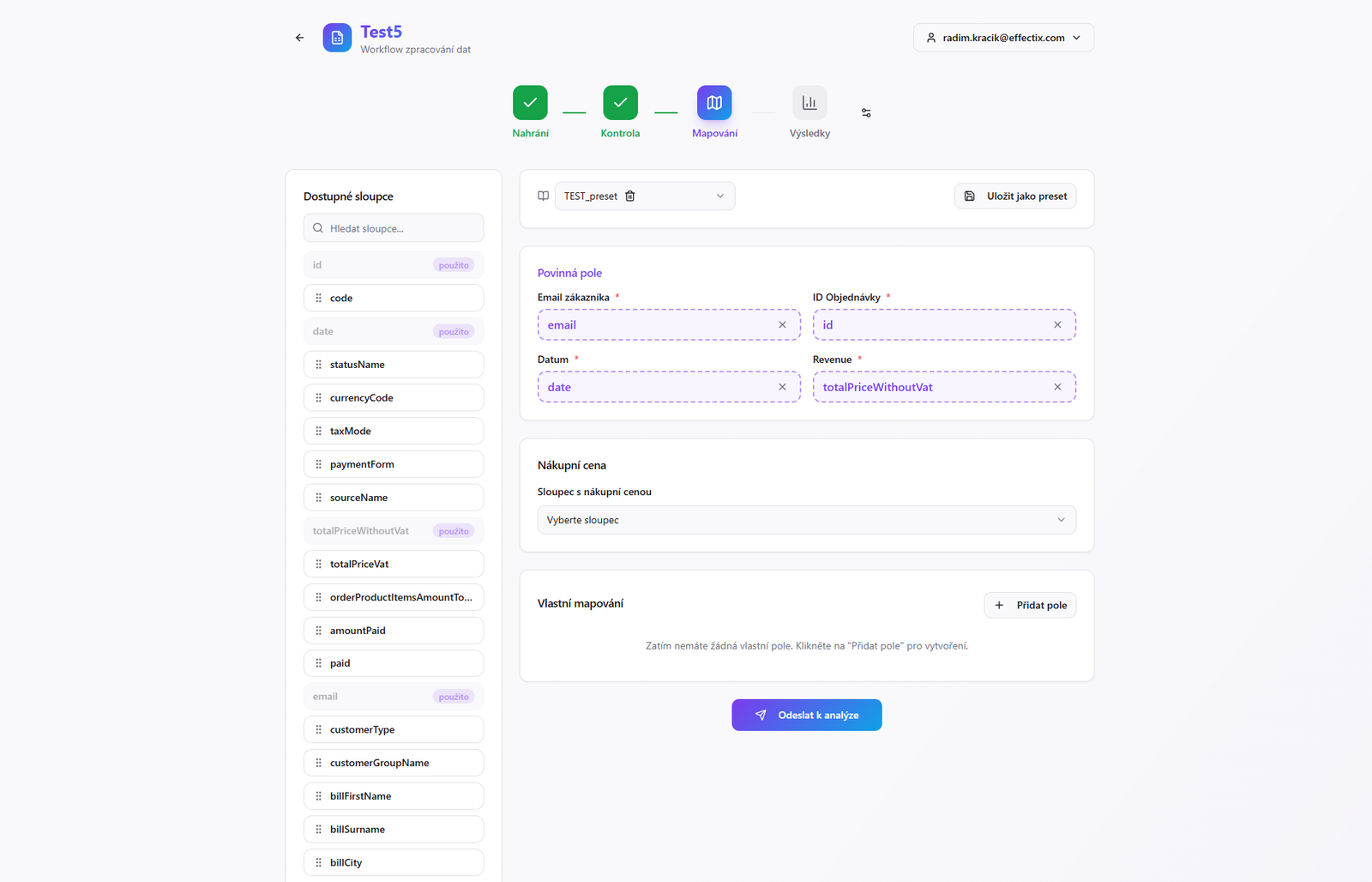 Profit Engine - Mapování sloupců